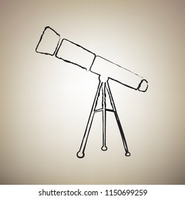 Telescope simple sign. Vector. Brush drawed black icon at light brown background.