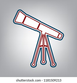 Telescope simple sign. Vector. Dark red, transparent and midnight green stroke of white icon at grayish background.