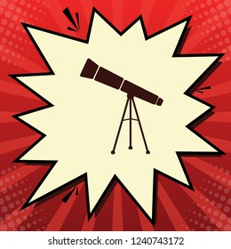 Telescope simple sign. Vector. Dark red icon in lemon chiffon shutter bubble at red popart background with rays.