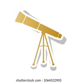 Telescope simple sign. Vector. Golden gradient icon with white contour and rotated gray shadow at white background.
