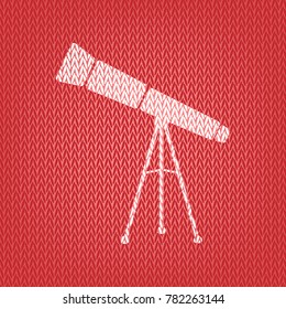 Telescope simple sign. Vector. Knitted white icon on a red knitted background.