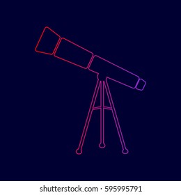 Telescope simple sign. Vector. Line icon with gradient from red to violet colors on dark blue background.
