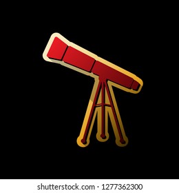 Telescope simple sign. Vector. Red icon with small black and limitless shadows at golden sticker on black background.