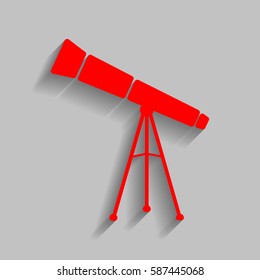 Telescope simple sign. Vector. Red icon with soft shadow on gray background.