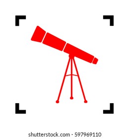 Telescope simple sign. Vector. Red icon inside black focus corners on white background. Isolated.