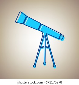 Telescope simple sign. Vector. Sky blue icon with defected blue contour on beige background.