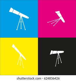 Telescope simple sign. Vector. White icon with isometric projections on cyan, magenta, yellow and black backgrounds.