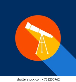 Telescope simple sign. Vector. White icon on tangelo circle with infinite shadow of light at cool black background. Selective yellow and bright navy blue are produced.