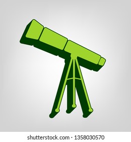 Telescope simple sign. Vector. Yellow green solid icon with dark green external body at light colored background.