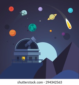 Telescope sits in an open observatory dome. Stars, planets, comet, asteroid. Flat vector illustration.