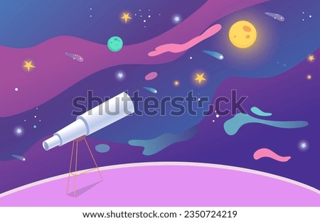 Telescope for space discovery and observation in observatory vector illustration. Cartoon planetarium spyglass on tripod to discover planet and stars of universe, look at night sky, learning astronomy