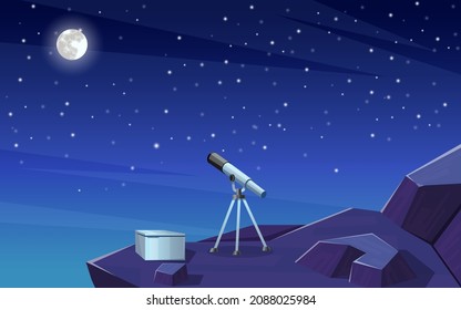 Telescopio para la exploración espacial en la ilustración de la montaña. imagen vectorial.