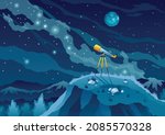 Telescope for space exploration, science discovery and astronomy studying. Against the background of a dark sky with stars. Night landscape with glass on tripod on hill. Equipment for watching