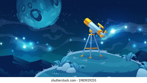 Telescope for space exploration, science discovery and astronomy studying. Equipment for watching stars and planets in cosmos. Night landscape with glass on tripod on hill, Cartoon vector illustration