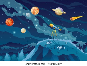 Telescope for space exploration, science discovery and astronomy studying. Against the background of a dark sky with stars and planets. Night landscape with glass on tripod on hill