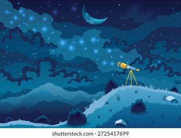 Telescopio para exploración espacial, descubrimiento de ciencia y estudio de astronomía. Fondo de cielo oscuro con estrellas. Paisaje nocturno con vidrio en trípode en la colina. Equipo para observar