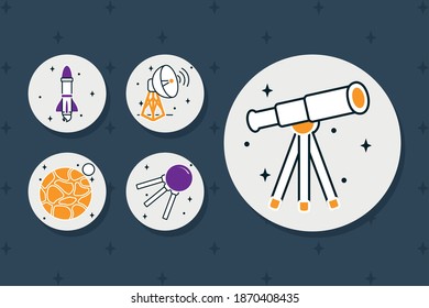 telescope and space icons set over white circles and blue background, half line half color style, vector illustration