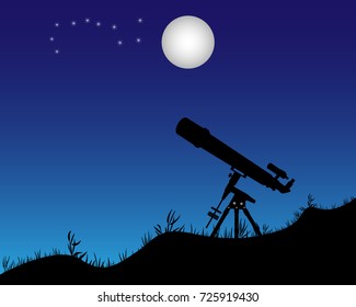 telescope standing on the ground aimed at the stars and the moon
