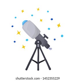 Telescope with stands icon template in flat cartoon style. Colorful astronomy concept vector illustration isolated on white background. Science & education design element. Space observation equipment