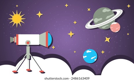 The telescope stands on a cloud and observes the planets and the cosmos, a flat illustration of childrens doodles