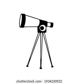Telescope. Star gazing. Vector outline illustration on isolated white background. Doodle monochrome drawing is suitable for space decor, print, sticker. 