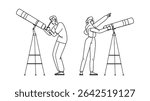 telescope stargazing vector. stargazing night, watching astronomy, star man telescope stargazing character. people black line pencil drawing illustration
