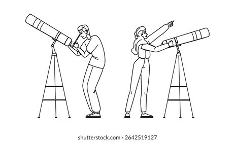 telescópio vetor de observação estelar. noite de observação estelar, observando astronomia, homem estrela telescópio personagem de observação estelar. pessoas linha preta lápis desenho ilustração