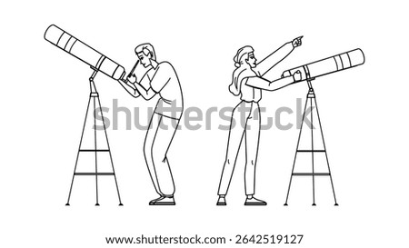 telescope stargazing vector. stargazing night, watching astronomy, star man telescope stargazing character. people black line pencil drawing illustration