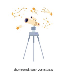 Telescope and stars, education and astronomy element isolated flat cartoon icon. Vector spyglass and study of outer space, look through astronomical tube on galaxy planets and comets, illustration