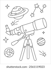 telescope with stars and planets coloring page