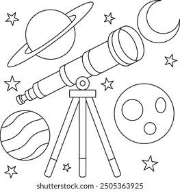 Telescope with stars and planets Outline Coloring Page for Kids 