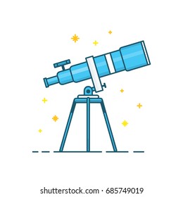 Telescope and stars. Vector modern line outline flat style cartoon illustration icon. Isolated on white background. 