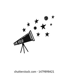 Telescope symbol and stars. Doodle kid vector illustration isolated on white background. Black and white space modern icon. Nursery childish design in minimalistic style.