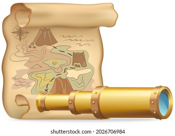 Telescope and treasure map. Pirate hidden treasure. Search adventure and travel. Basic gadgets for thirst for adventure hunting on uninhabited island. Technologies for navigation in unknown territory