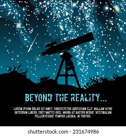 Telescope Vector Illustration. Space exploration. Starry sky. Interstellar space. Galaxies. 