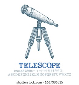 Telescope.  Vintage telescope hand drawn vector illustration and typewriter font. Part of set. 