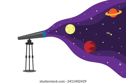 Telescope Watching Space Flat Style. Science and technology topic vector art