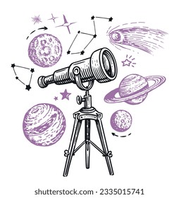 Telescope watching at the stars and planets. Astronomy, space exploration concept. Sketch vector illustration