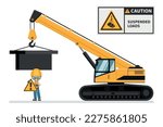 Telescopic crane on caterpillars. Warning Overhead load. Work accident. Worker with personal protective equipment. Industrial safety and occupational health at work