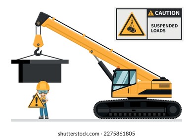 Telescopic crane on caterpillars. Warning Overhead load. Work accident. Worker with personal protective equipment. Industrial safety and occupational health at work