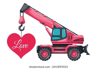 Telescopic crane on wheels cartoon pink color lifting a heart card for Valentine's Day. Heavy machinery used in the construction and mining industry