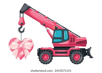 Telescopic crane on wheels cartoon pink color lifting a heart shaped gift box for Valentine's Day. Heavy machinery used in the construction and mining industry