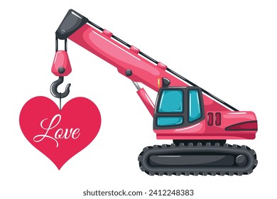 Caricatura de color rosa de grulla de gatareo telescópico o grúa de cadena levantando una tarjeta cardíaca para el Día de San Valentín. Maquinaria pesada utilizada en la industria de la construcción y la minería