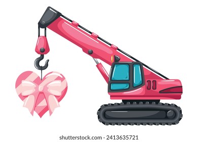 Telescopic crawler crane or chain crane cartoon pink color lifting a heart shaped gift box for Valentine's Day. Heavy machinery used in the construction and mining industry