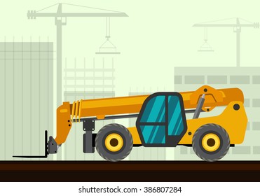 Telescopic handler with fork industrial crane with construction background. Side view crane vector illustration