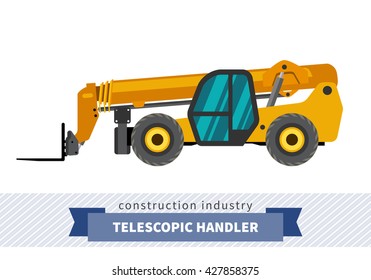 Telescopic handler with fork industrial crane. Side view crane isolated vector illustration