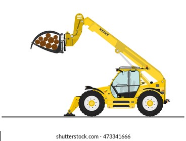 Telescopic handler with log and pipe grapple on a white background. Flat vector