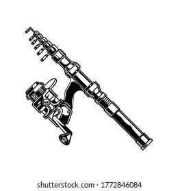 Telescopic spinning rod concept in vintage monochrome style isolated vector illustration