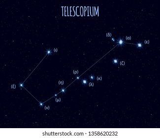 Telescopium (The Telescope) constellation, vector illustration with the names of basic stars against the starry sky 