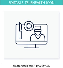 Telesurgery Line Icon. Robotic Surgery. Telehealth. Remote Surgical Operation. Telemedicine, Contemporary Health Care Concept. Isolated Vector Illustration. Editable Stroke 